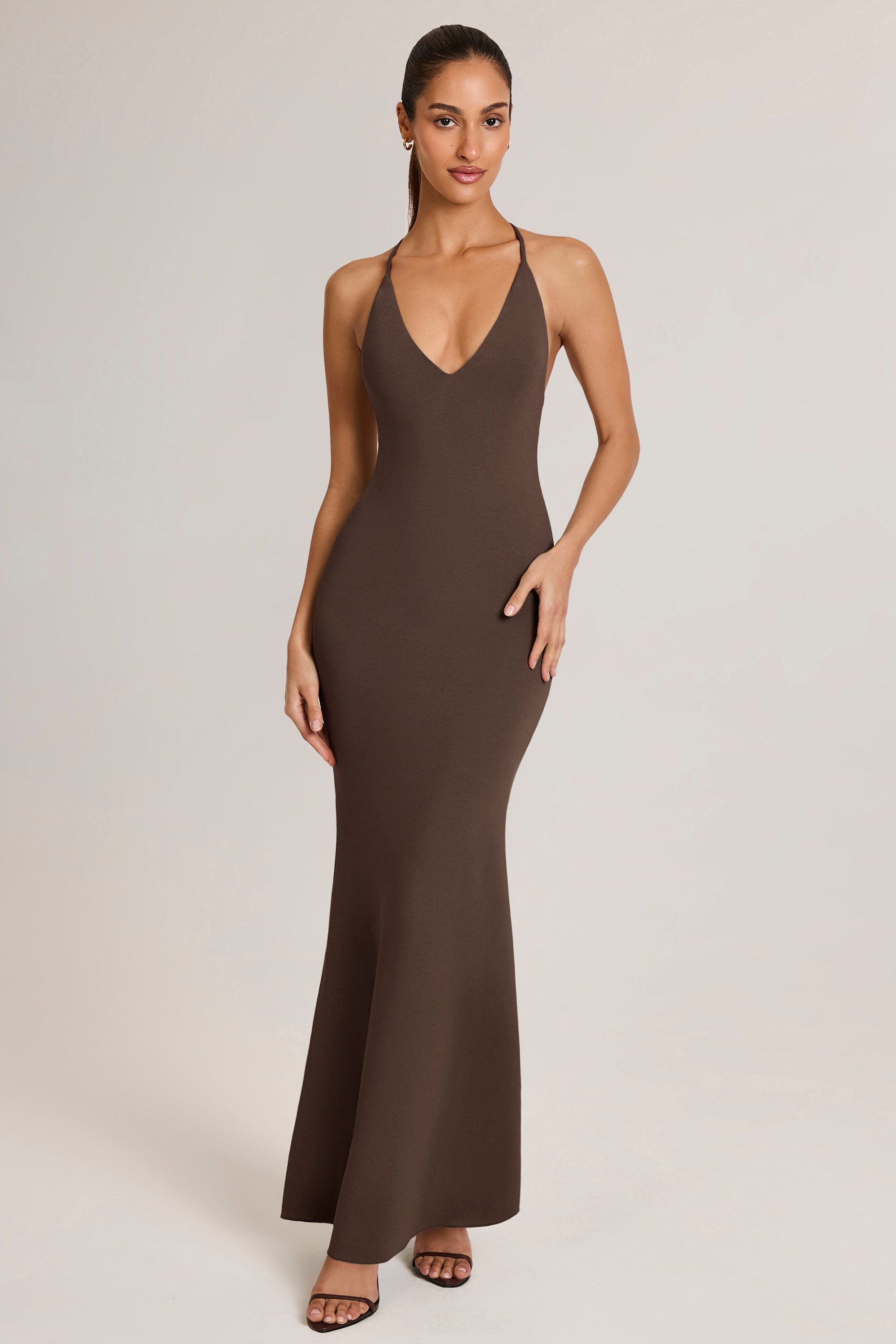 Modal Plunge Backless Maxi Dress in Chocolate Brown