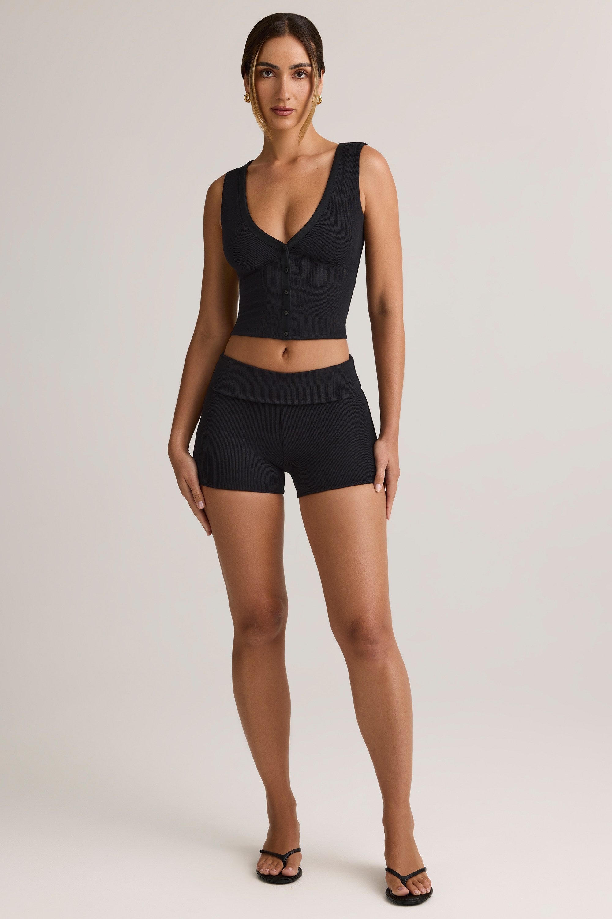 Modal Ribbed Mid-Rise Foldover Shorts in Black