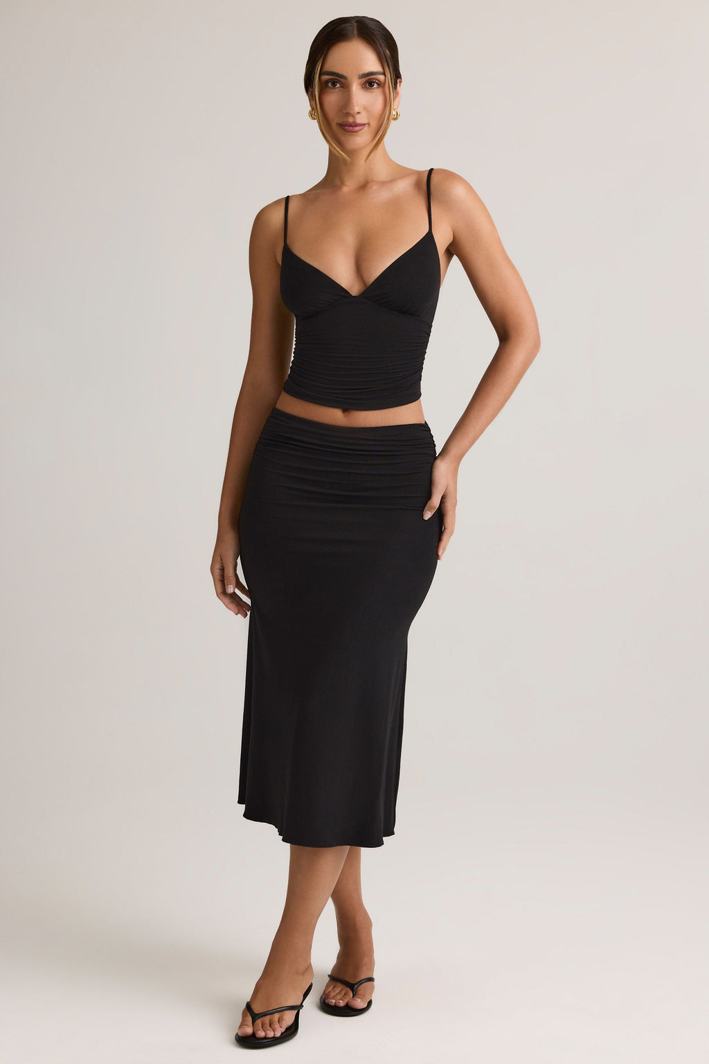 Modal Ruched Mid-Rise Midaxi Skirt in Black