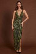 Embellished Halterneck Maxi Dress in Green Snake