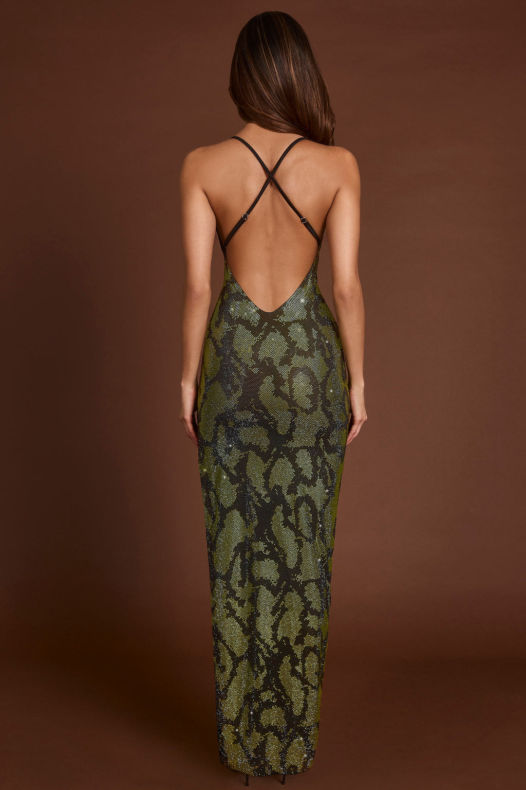 Embellished Halterneck Maxi Dress in Green Snake