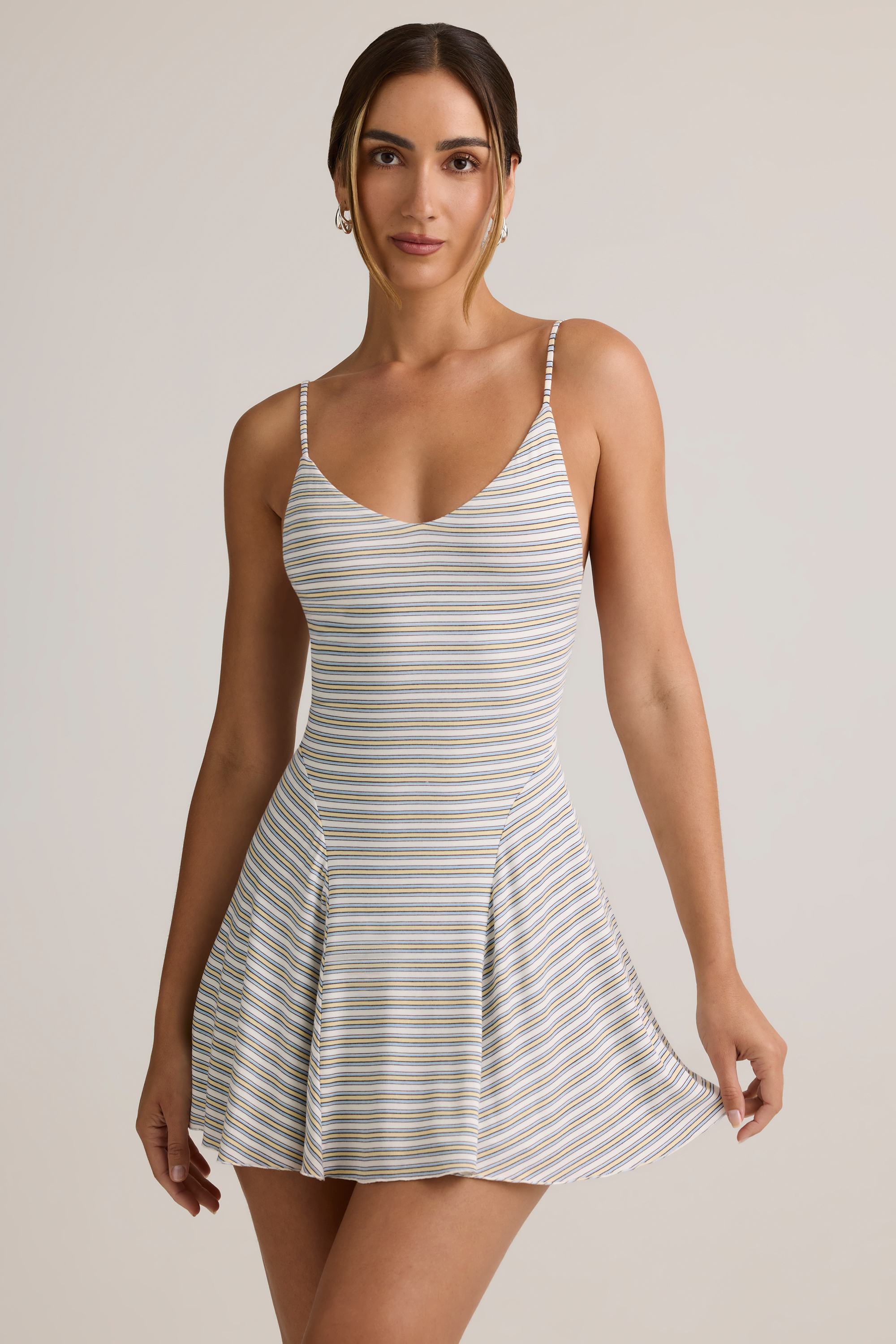 Modal Ribbed Tie-Back A-Line Mini Dress in Blue Yellow Stripe