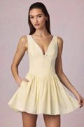 Bow-Detail A-Line Mini Dress in Lemon Yellow Stripe