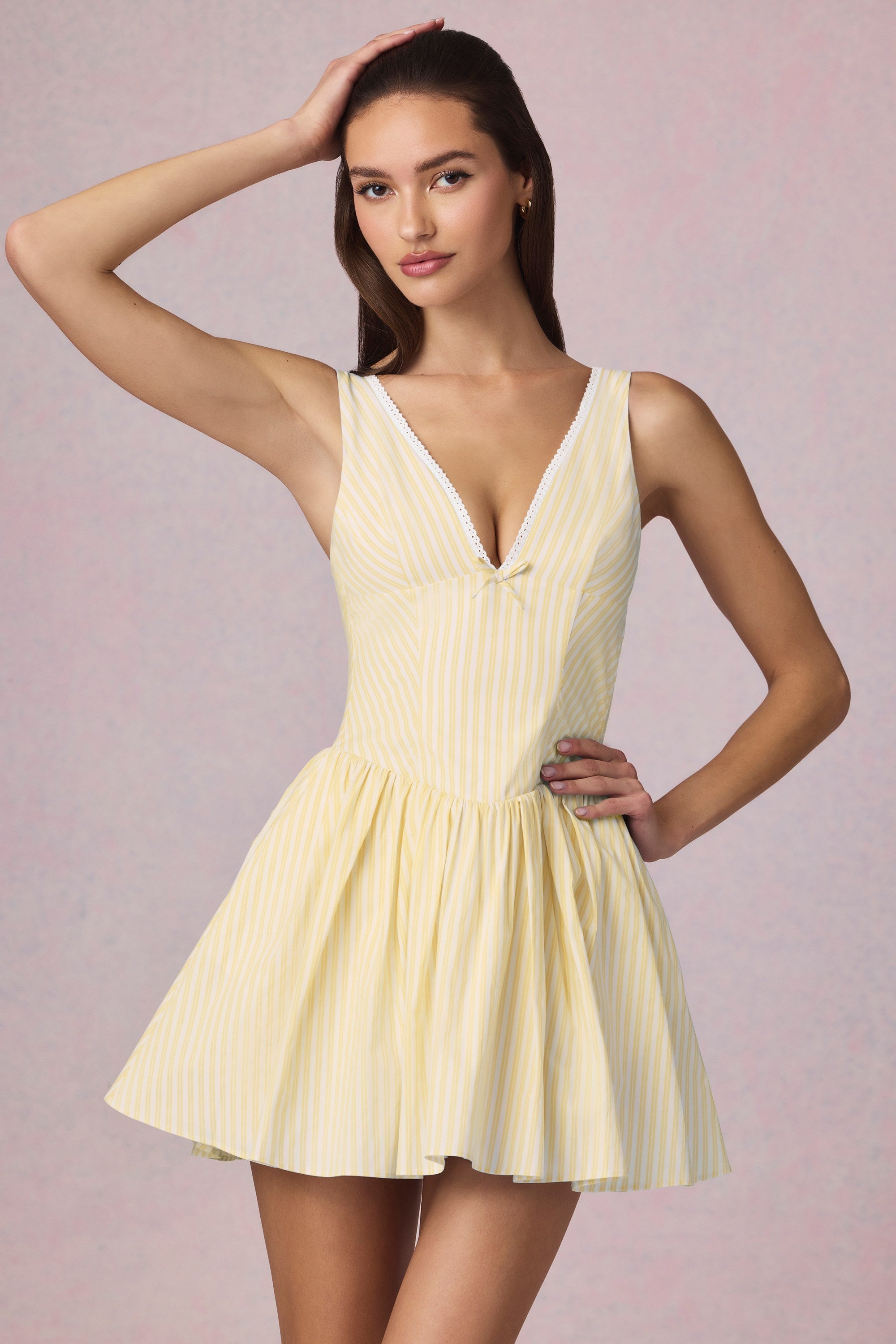 Bow-Detail A-Line Mini Dress in Lemon Yellow Stripe