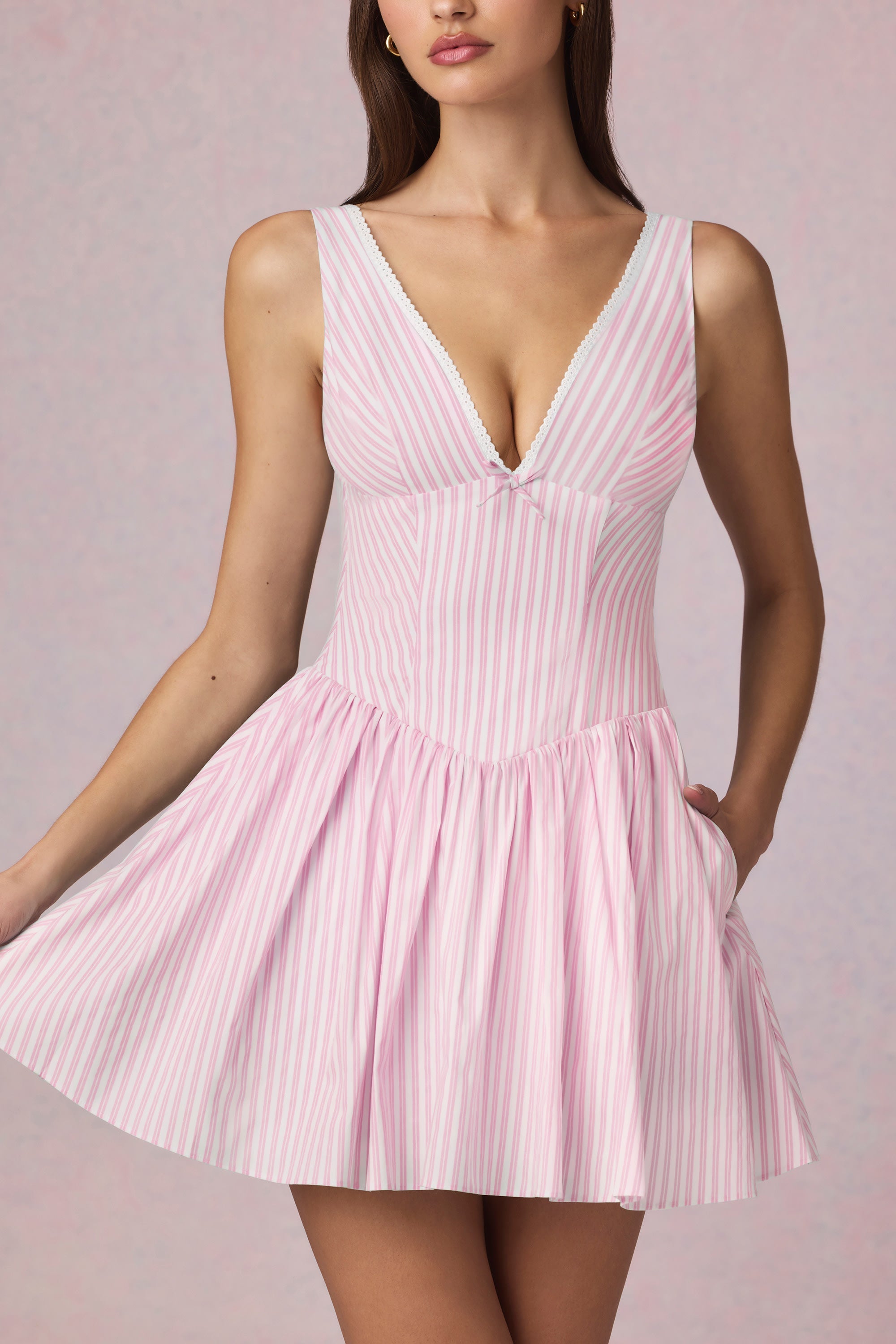 Bow-Detail A-Line Mini Dress in Soft Mauve Stripe