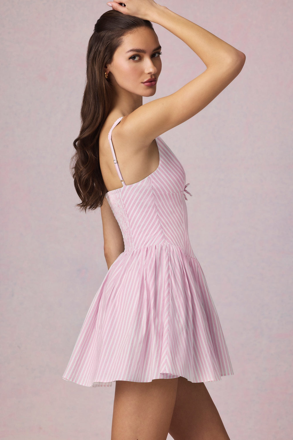 Bow-Detail A-Line Mini Dress in Soft Mauve Stripe