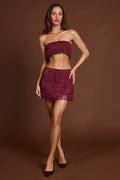 Fringed Mid-Rise Mini Skirt in Wine Red