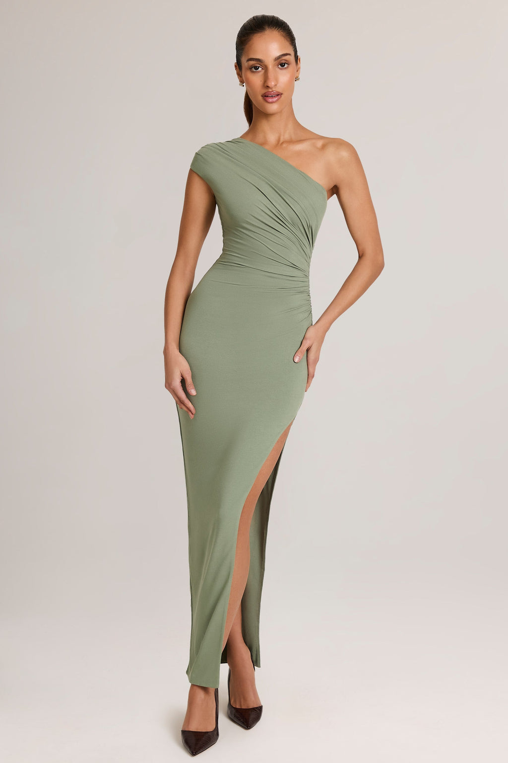 Modal Asymmetric Ruched Maxi Dress  in Sage Green