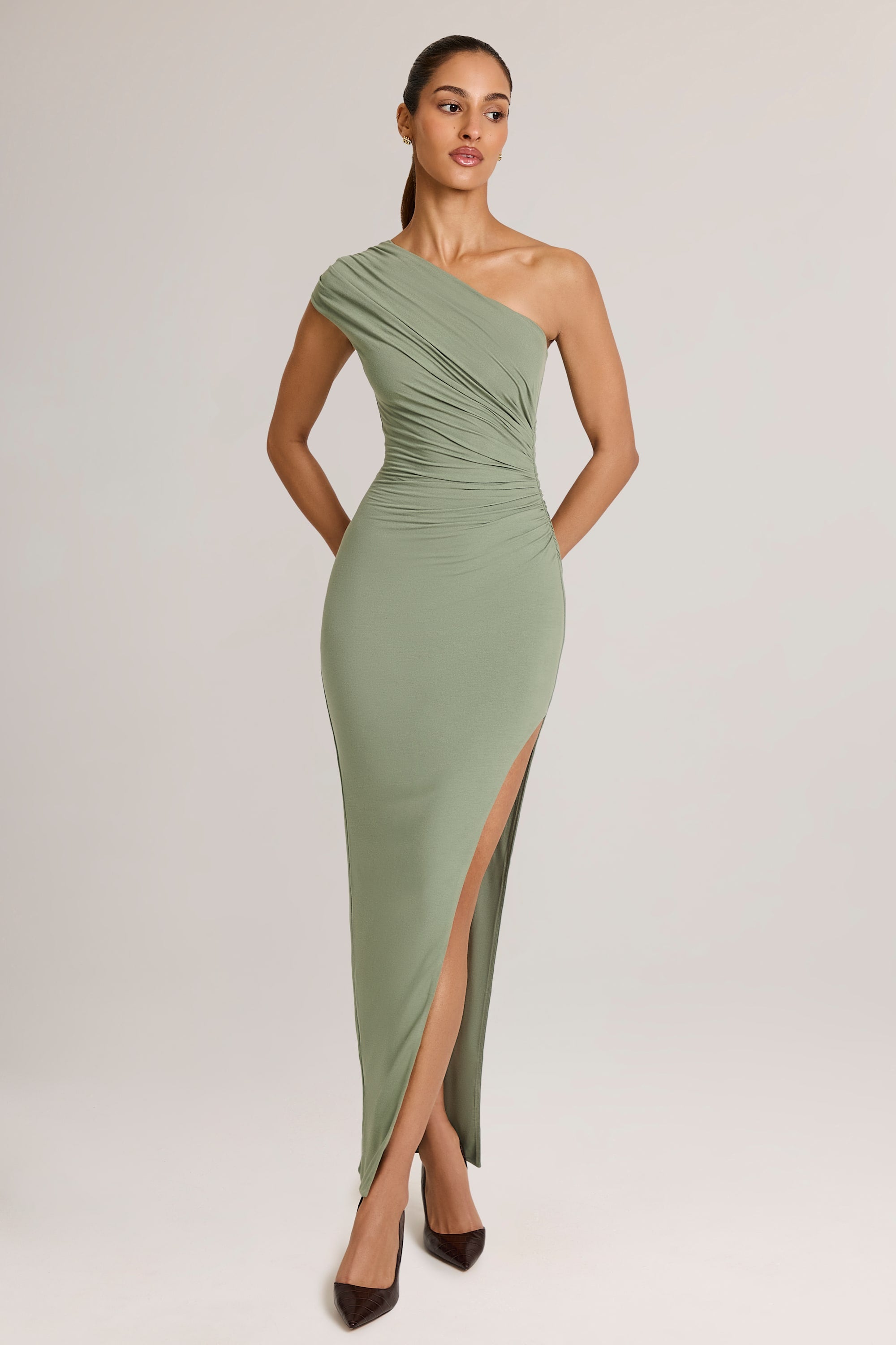 Modal Asymmetric Ruched Maxi Dress  in Sage Green