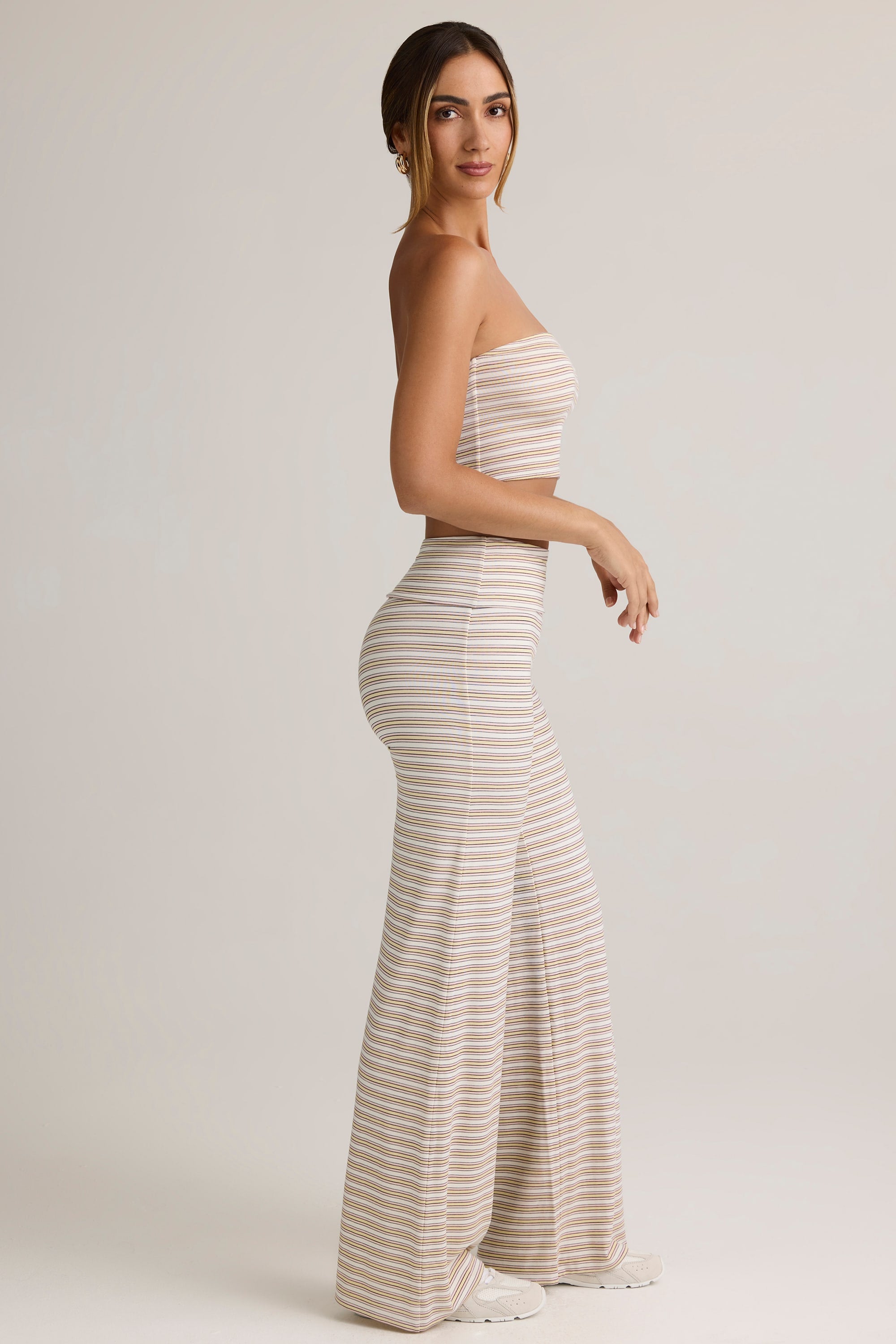 Modal Foldover Wide-Leg Trousers in Pink & Yellow Stripe