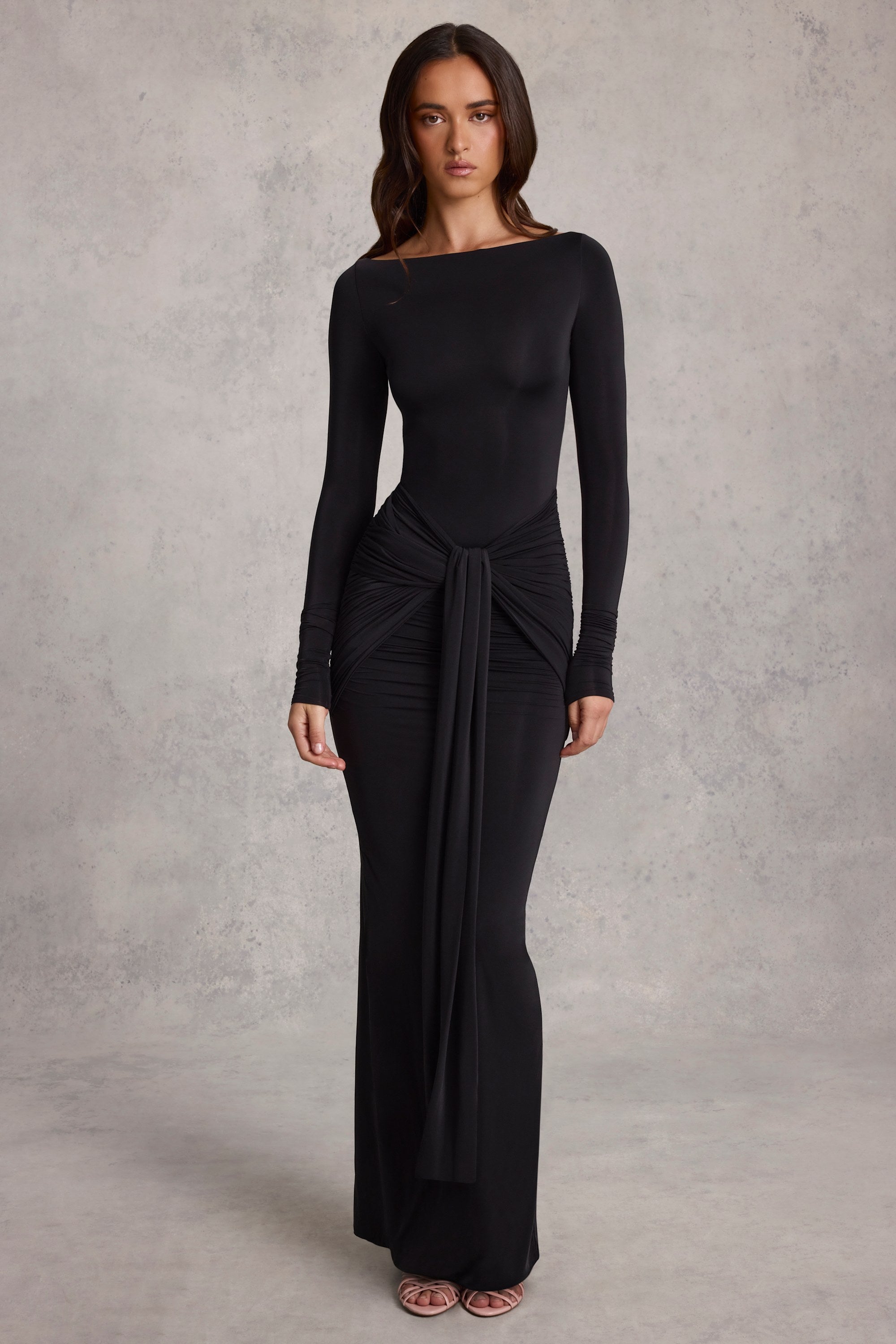 Soft Jersey Boat-Neck Tie-Gather Maxi Dress in Black