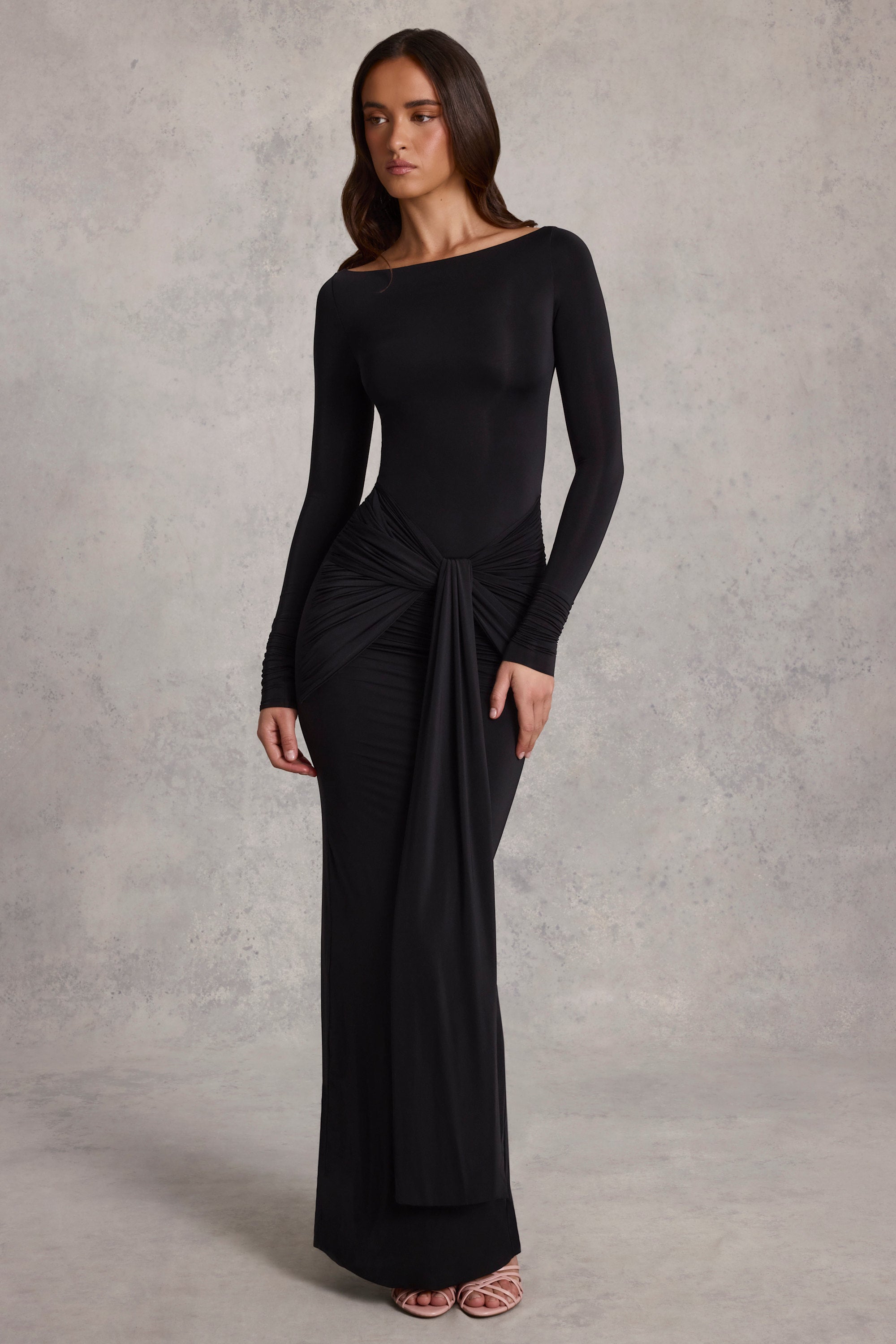 Soft Jersey Boat-Neck Tie-Gather Maxi Dress in Black