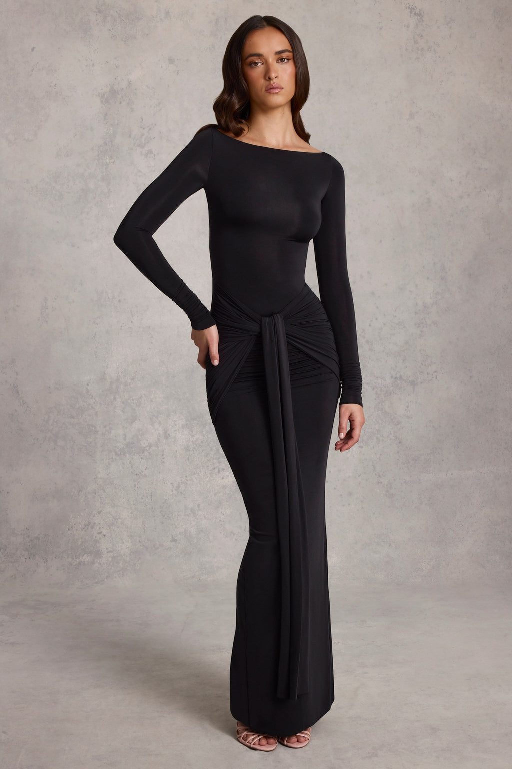 Soft Jersey Boat-Neck Tie-Gather Maxi Dress in Black