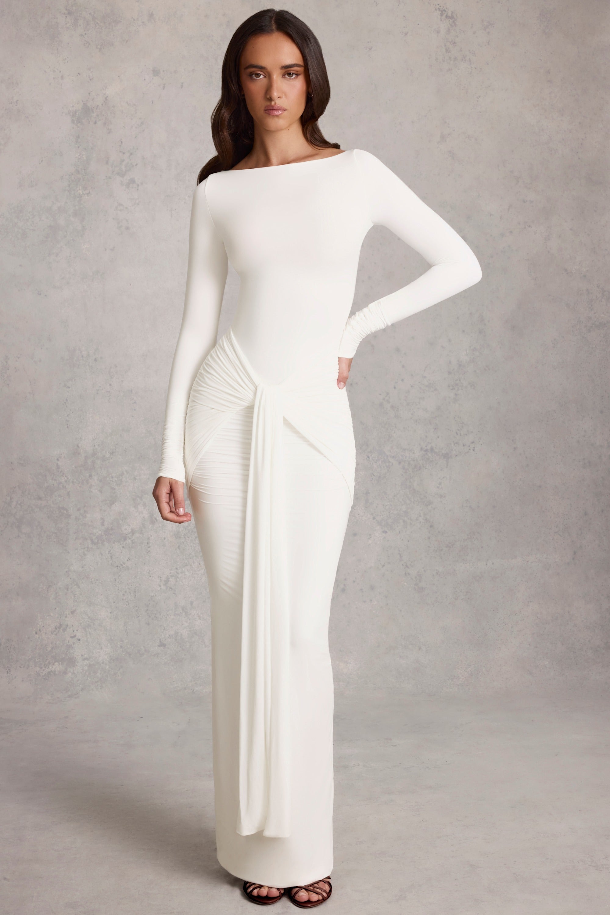 Soft Jersey Boat-Neck Tie-Gather Maxi Dress in White