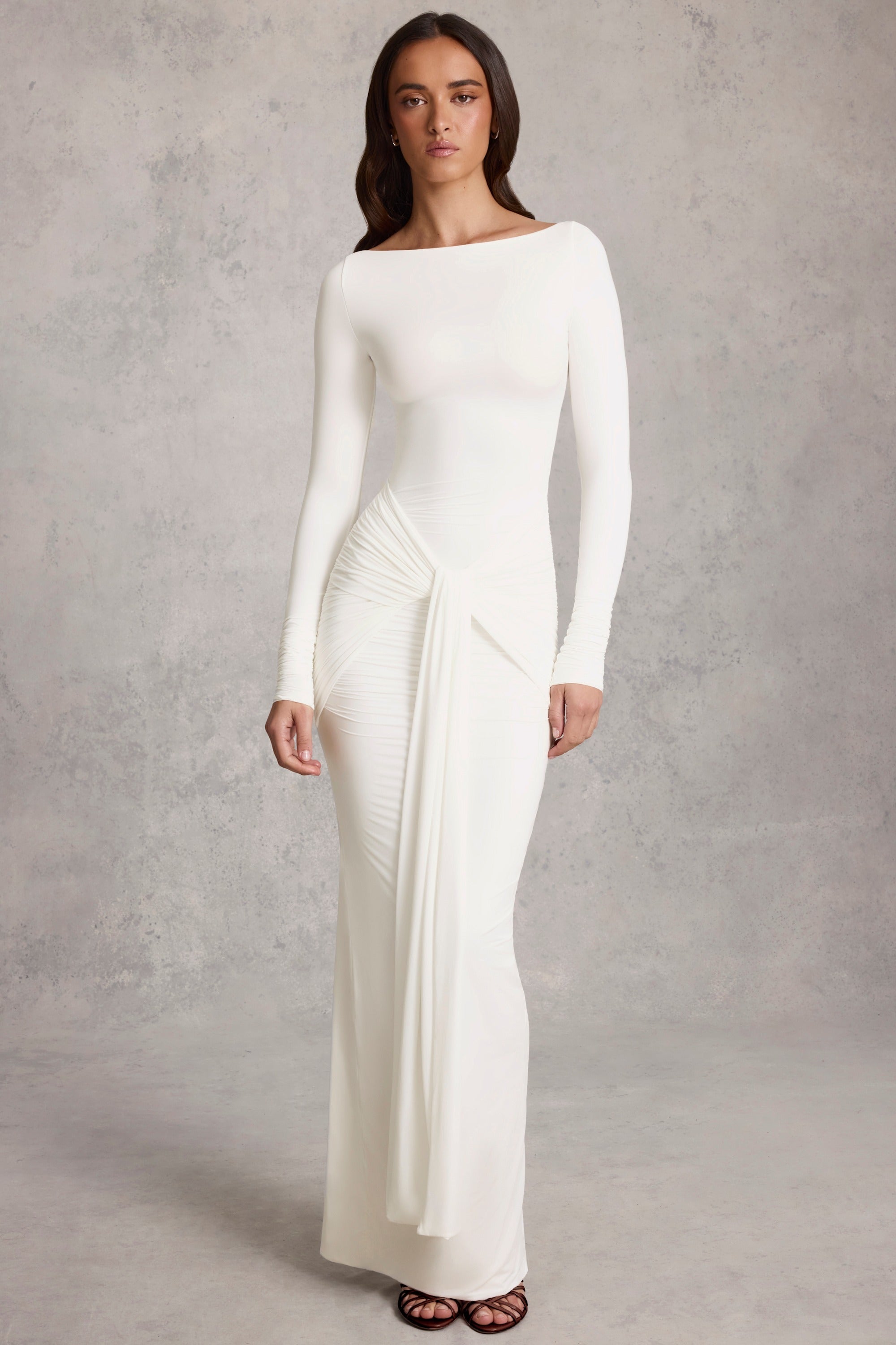 Soft Jersey Boat-Neck Tie-Gather Maxi Dress in White