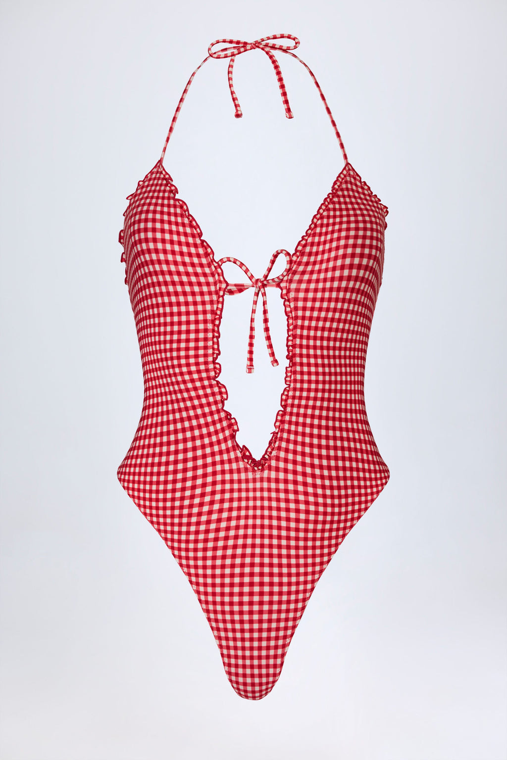 Ruffled Cut-Out Halterneck Swimsuit in Red Gingham