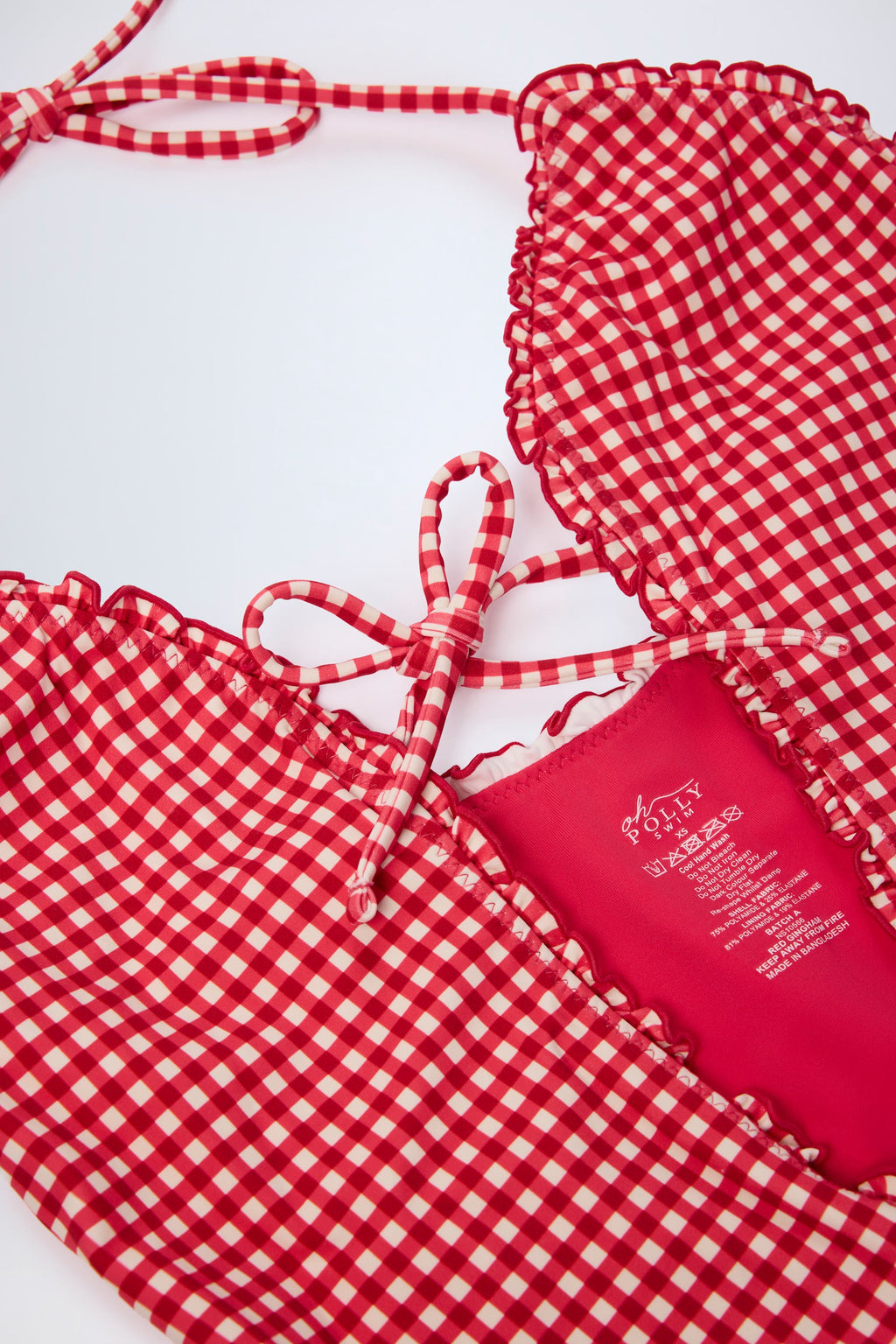 Ruffled Cut-Out Halterneck Swimsuit in Red Gingham