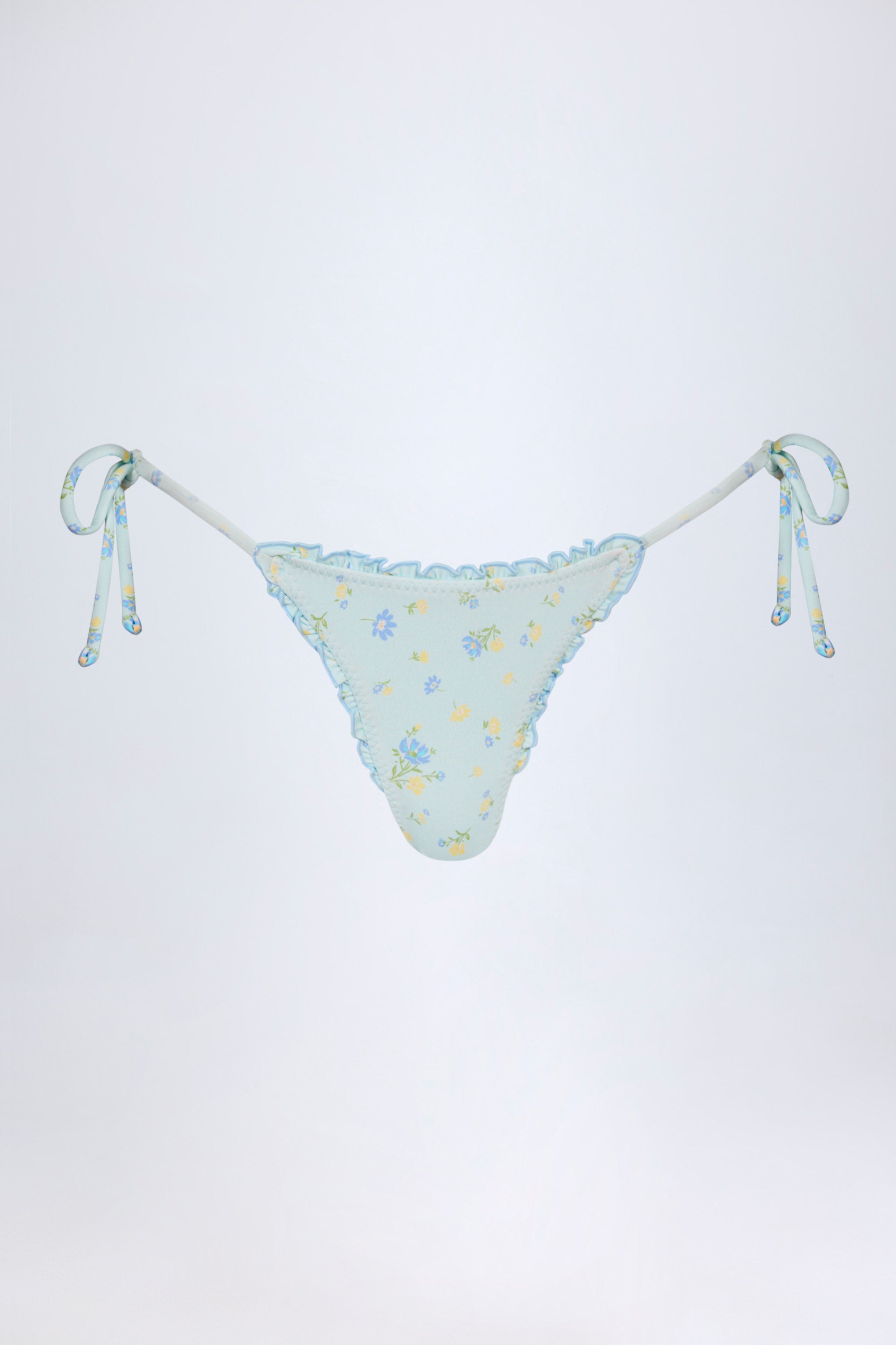 Side-Tie Thong Bikini Bottoms in Blue Floral