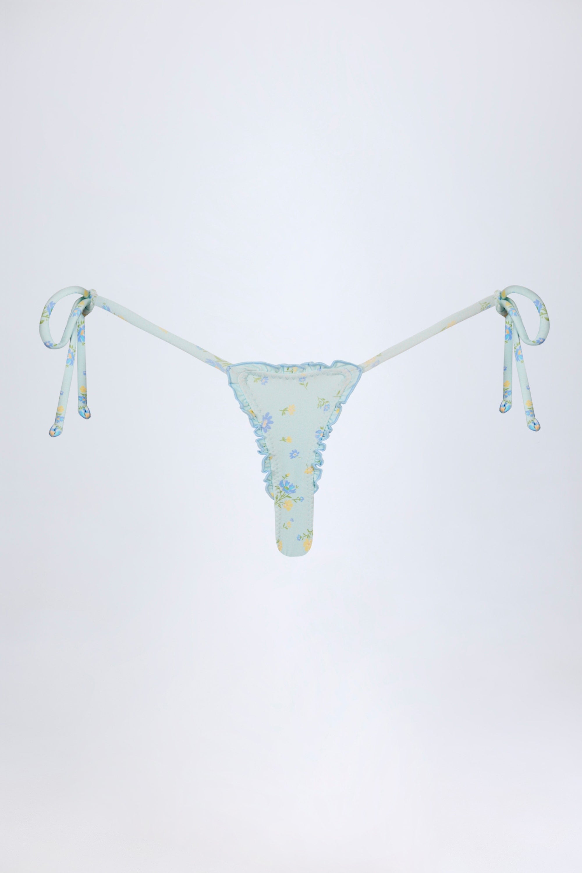 Side-Tie Thong Bikini Bottoms in Blue Floral