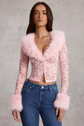Sheer Lace Faux-Fur-Trim Cardigan in Pink
