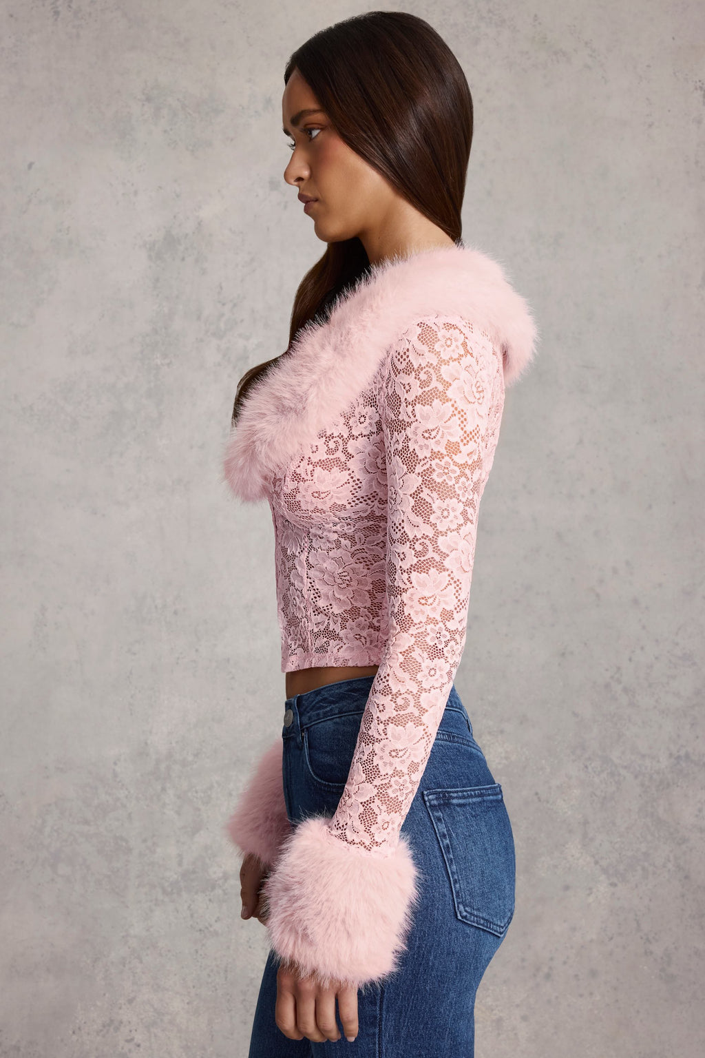 Sheer Lace Faux-Fur-Trim Cardigan in Pink
