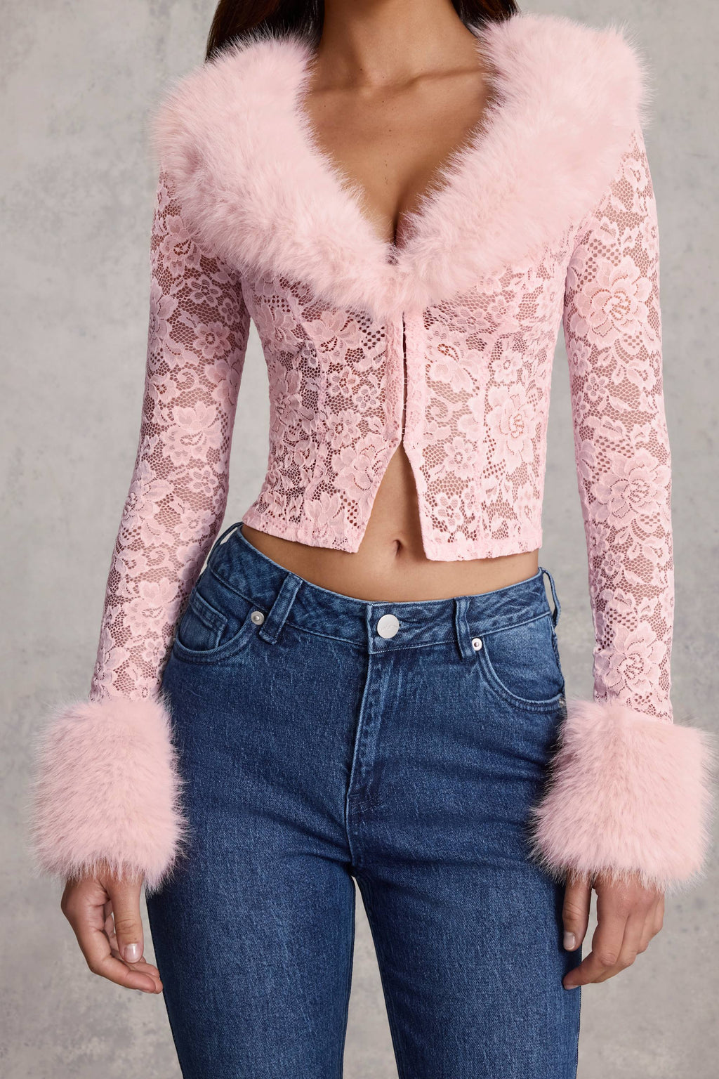 Sheer Lace Faux-Fur-Trim Cardigan in Pink