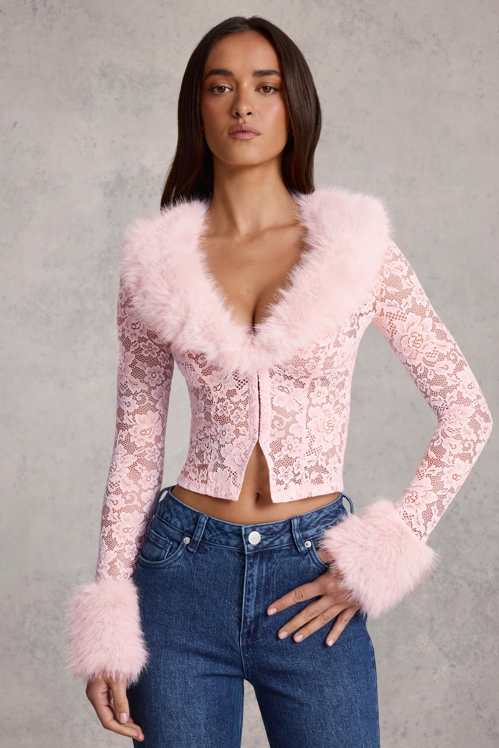 Sheer Lace Faux-Fur-Trim Cardigan in Pink