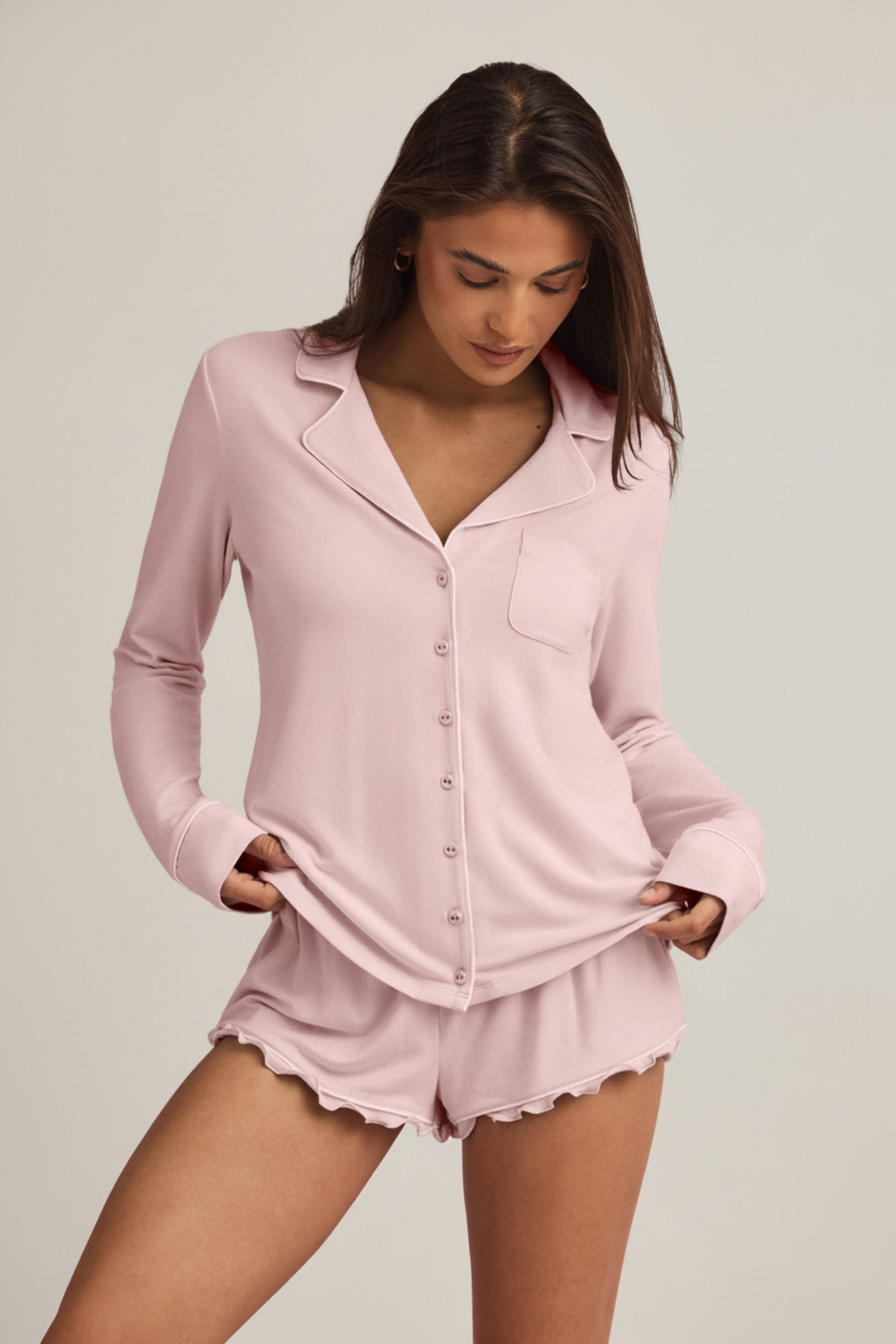 Modal Long-Sleeve Pyjama Top in Baby Pink
