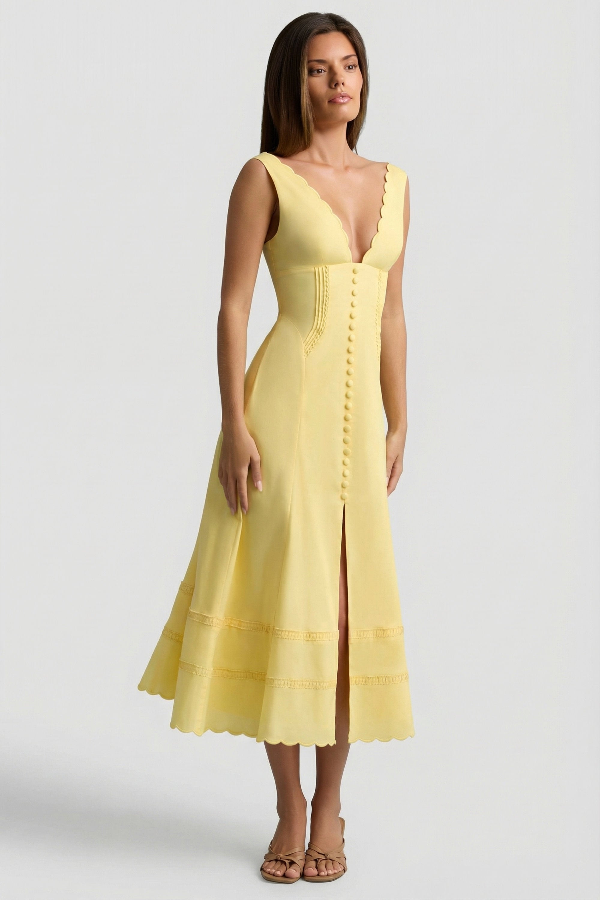 Cotton-Poplin A-Line Midaxi Dress in Pastel Yellow