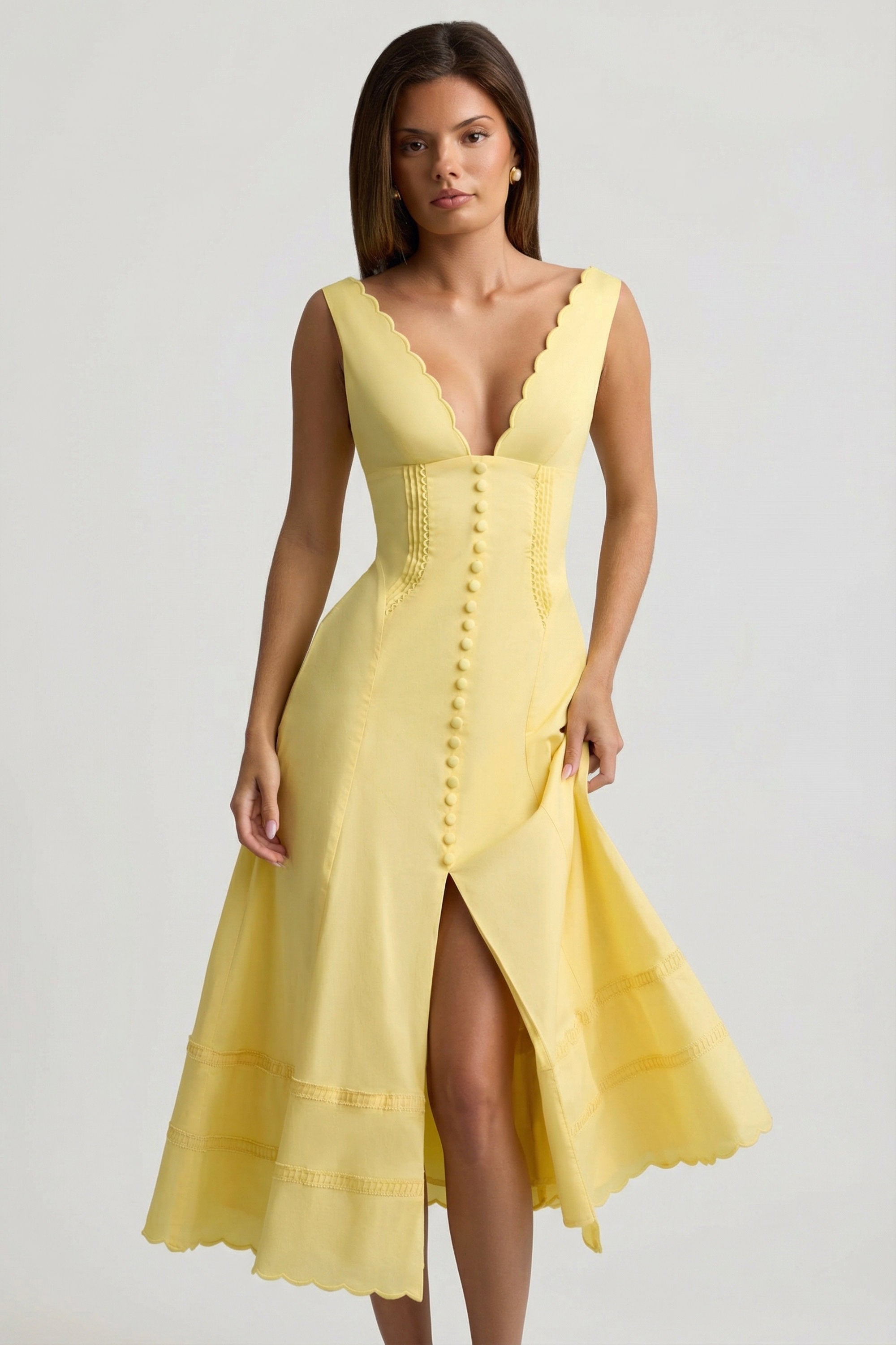 Cotton-Poplin A-Line Midaxi Dress in Pastel Yellow