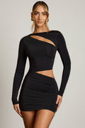 Asymmetric Cut-Out Draped Mini Dress in Black