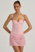 Semi-Sheer Embellished Draped Corset Mini Dress in Pink