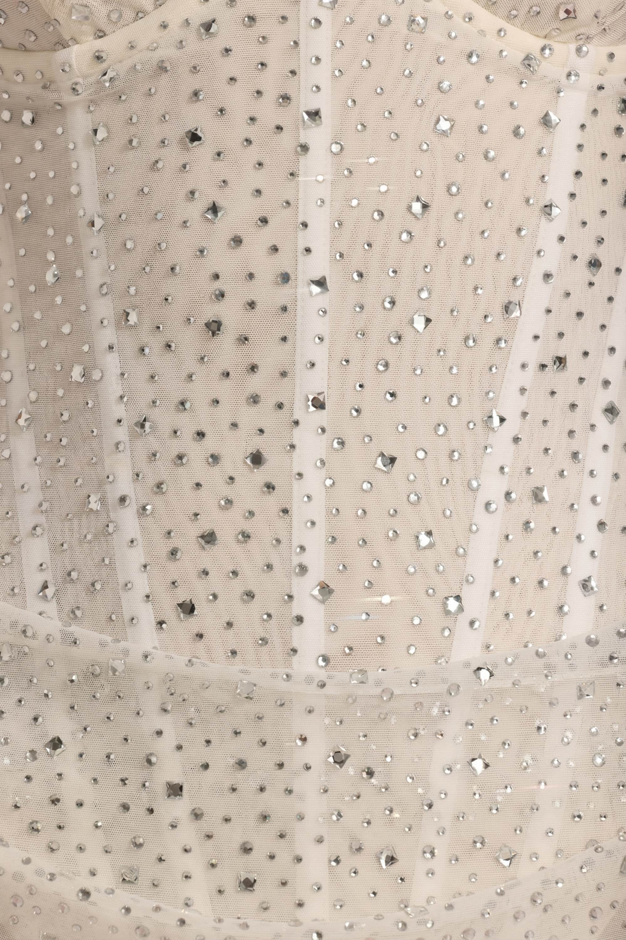 Semi-Sheer Embellished Draped Corset Mini Dress in White