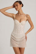 Semi-Sheer Embellished Draped Corset Mini Dress in White