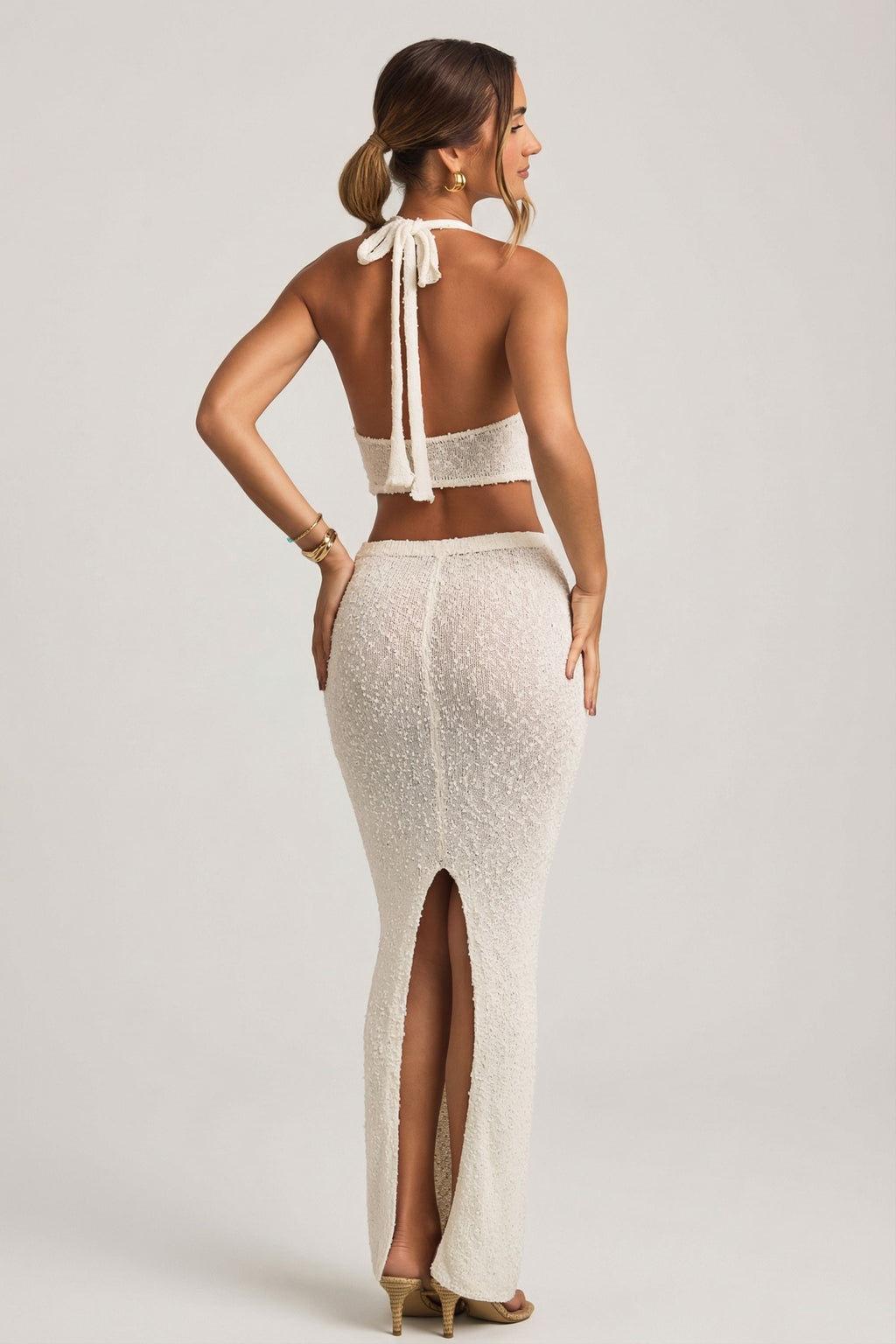 Bouclé Mid-Rise Maxi Skirt in White