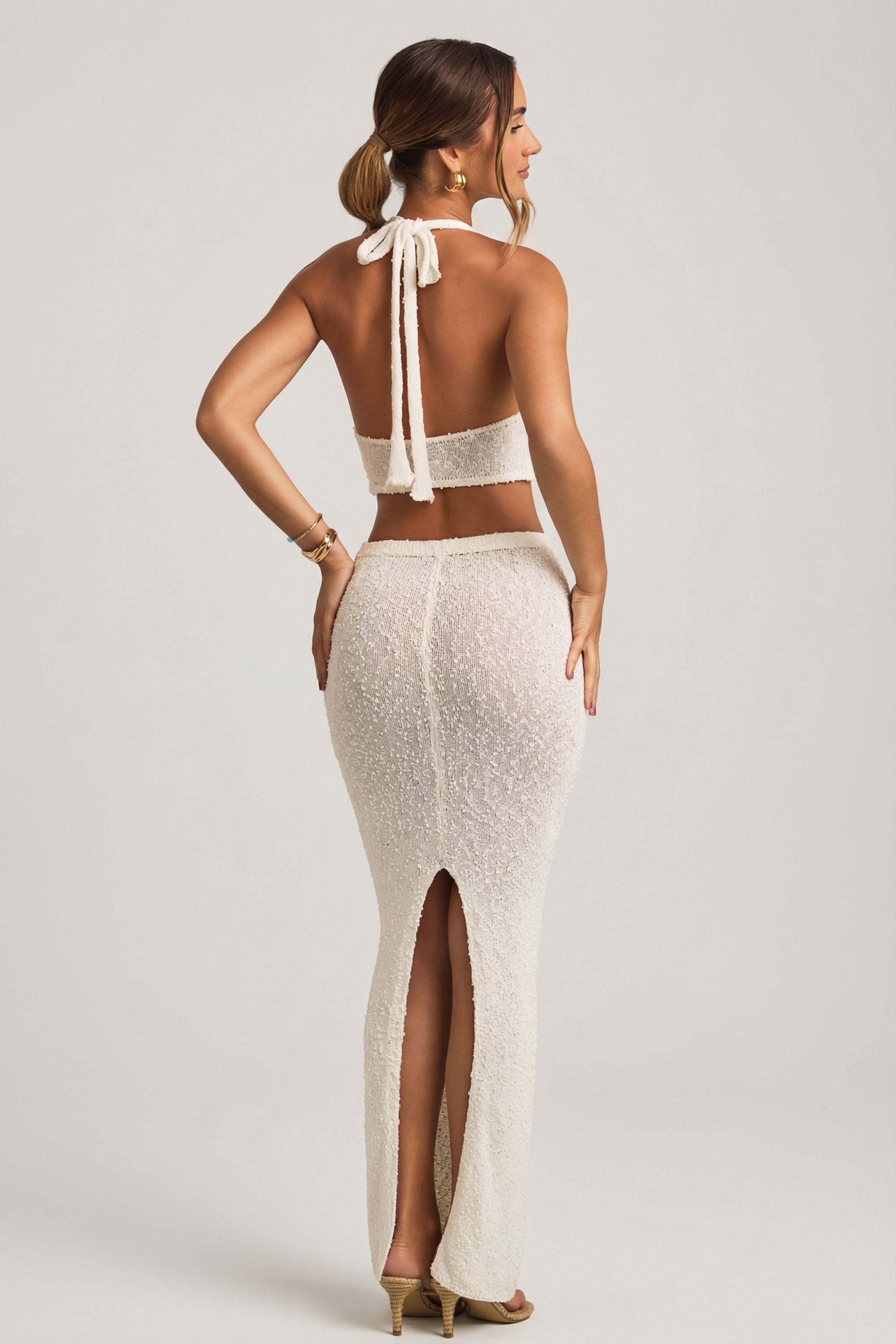 Bouclé Mid-Rise Maxi Skirt in White