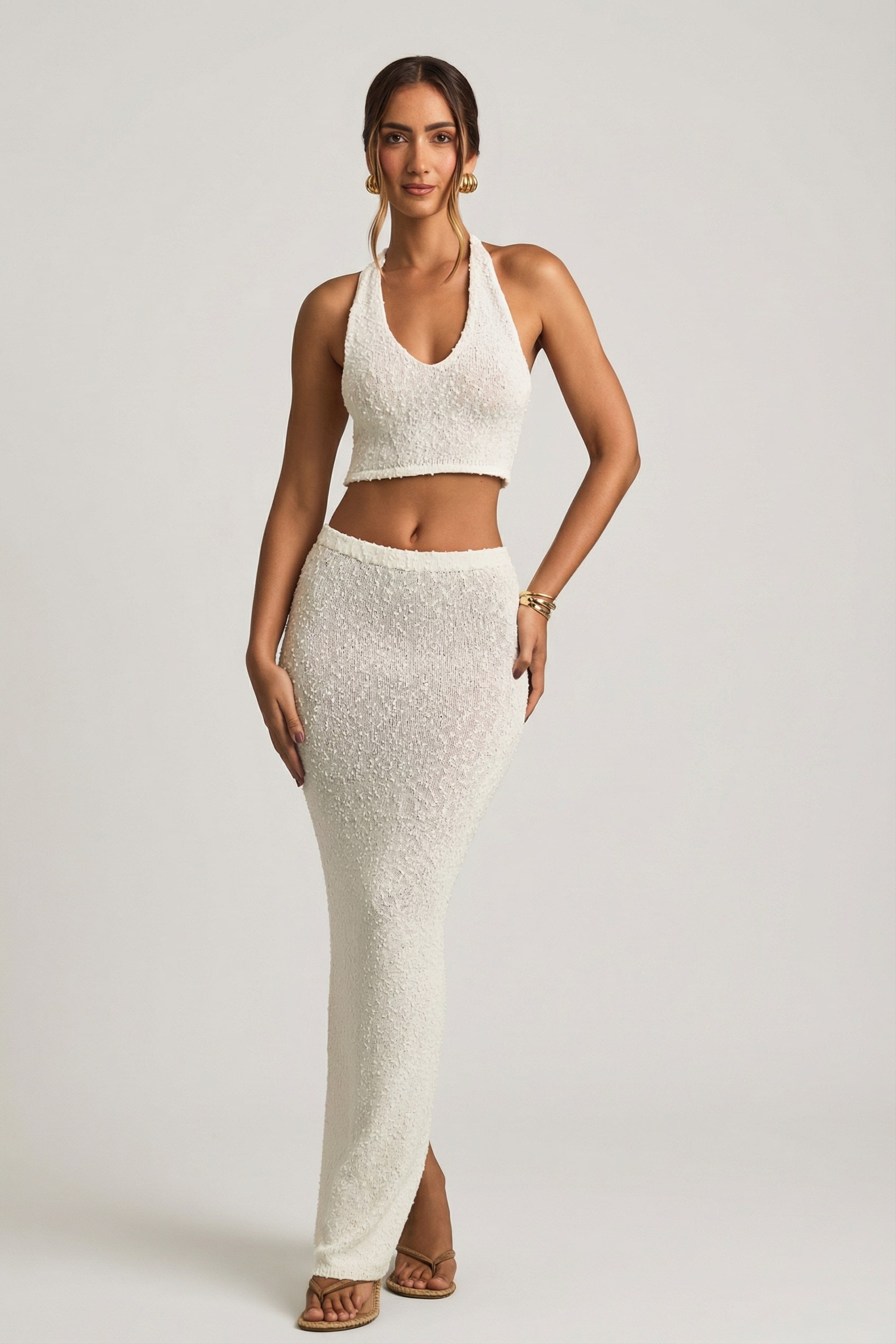 Bouclé Mid-Rise Maxi Skirt in White