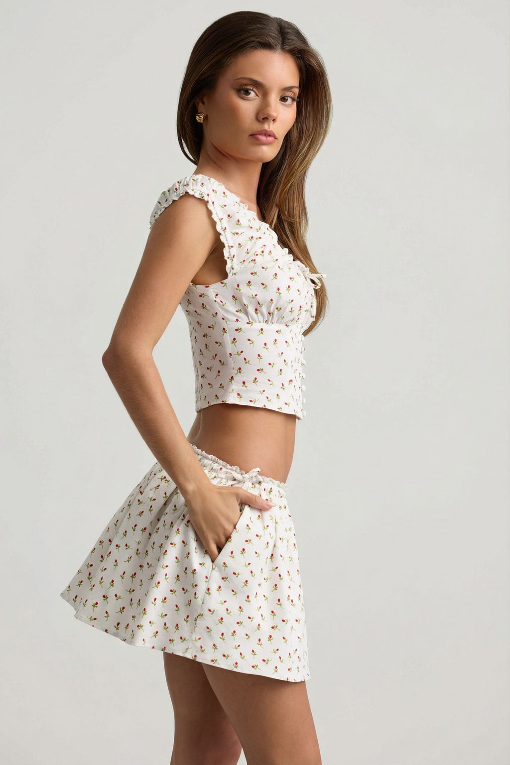 Ruched Cotton-Poplin Corset Top in Rose Print