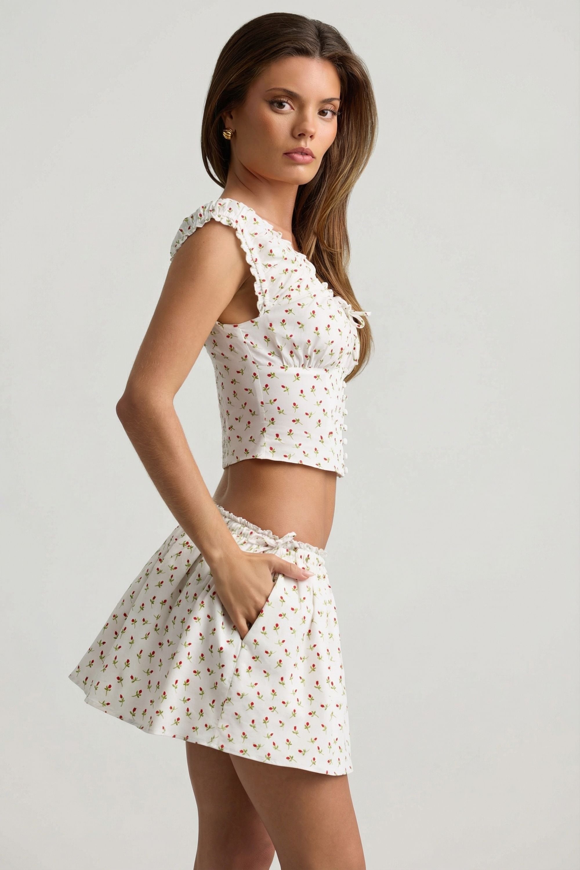 Ruched Cotton-Poplin Corset Top in Rose Print