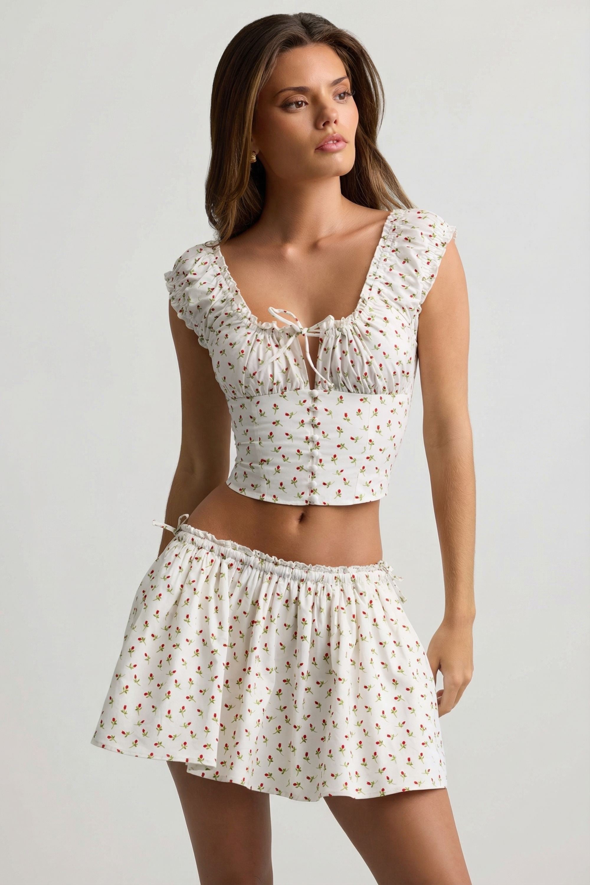 Ruched Cotton-Poplin Corset Top in Rose Print