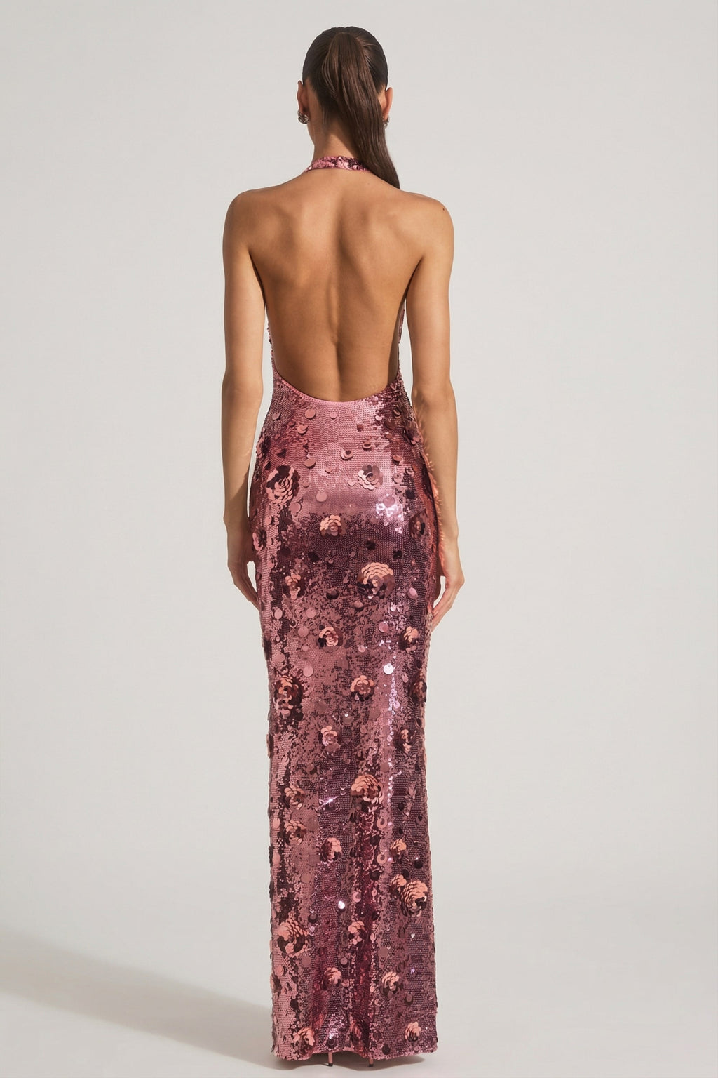 Sequin-Embellished Halterneck Maxi Dress in Pink