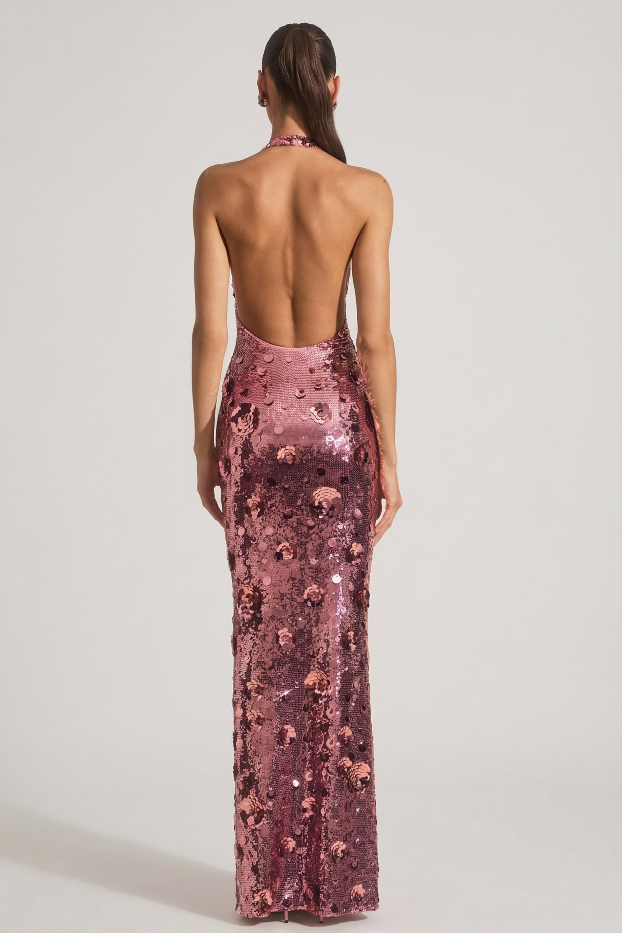 Sequin-Embellished Halterneck Maxi Dress in Pink