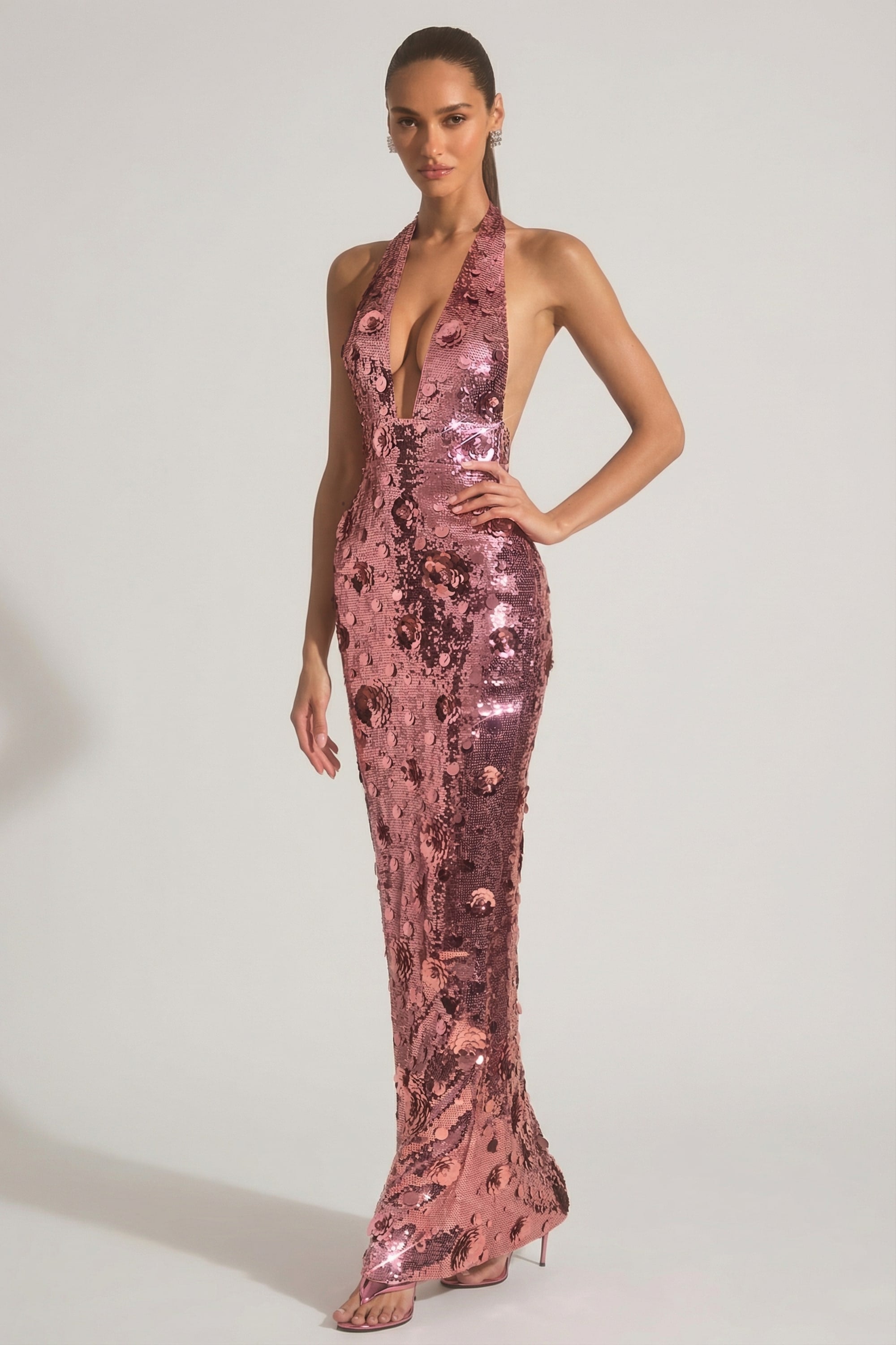 Sequin-Embellished Halterneck Maxi Dress in Pink