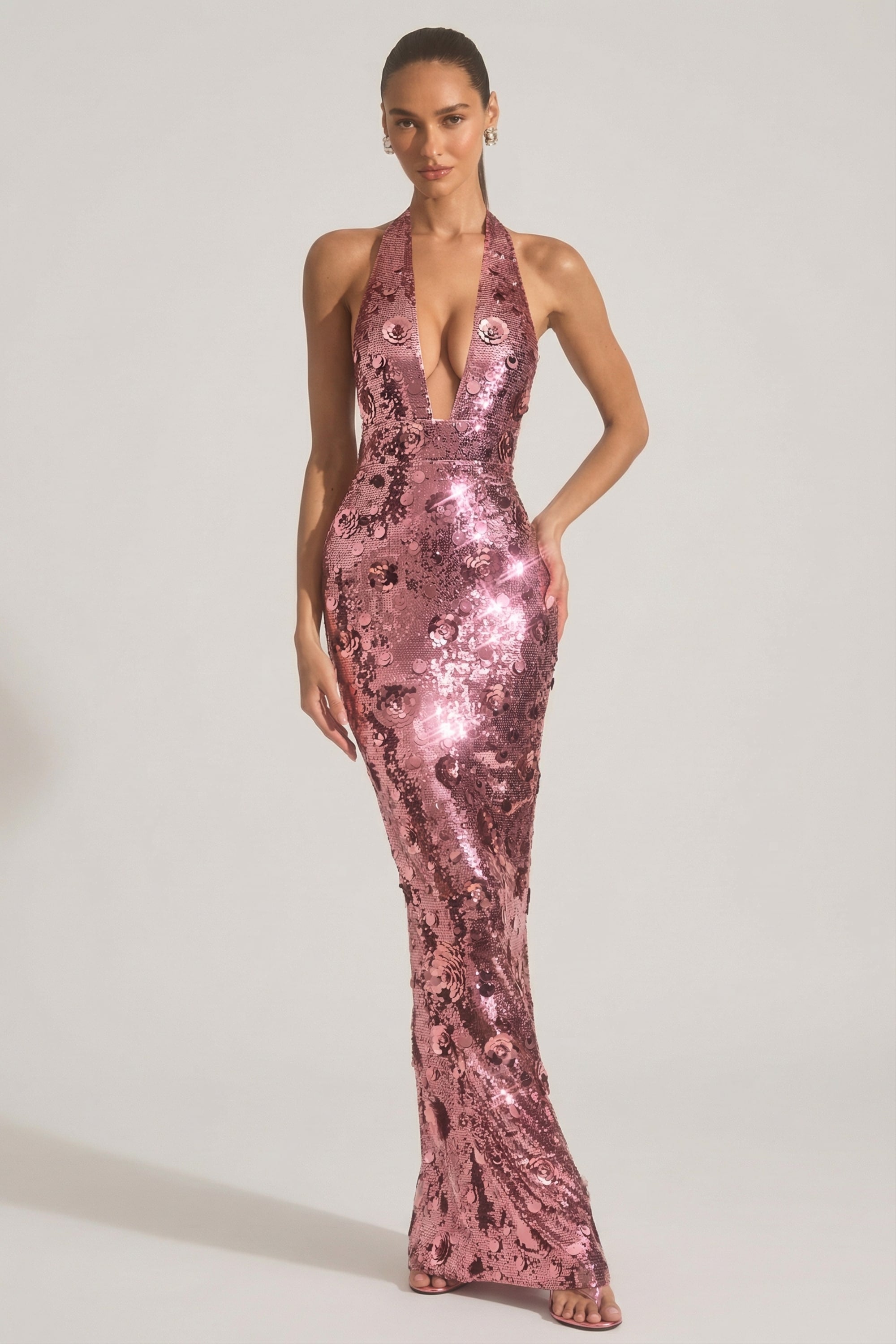 Sequin-Embellished Halterneck Maxi Dress in Pink