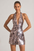 Sequin-Embellished Halterneck Mini Dress in Silver