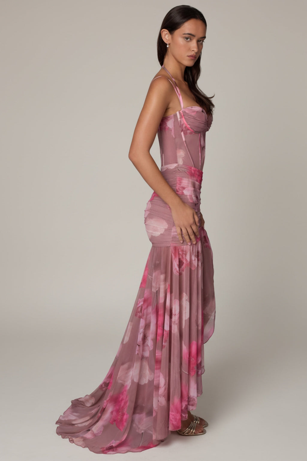 Ruched Asymmetric Corset Gown in Blurred Floral