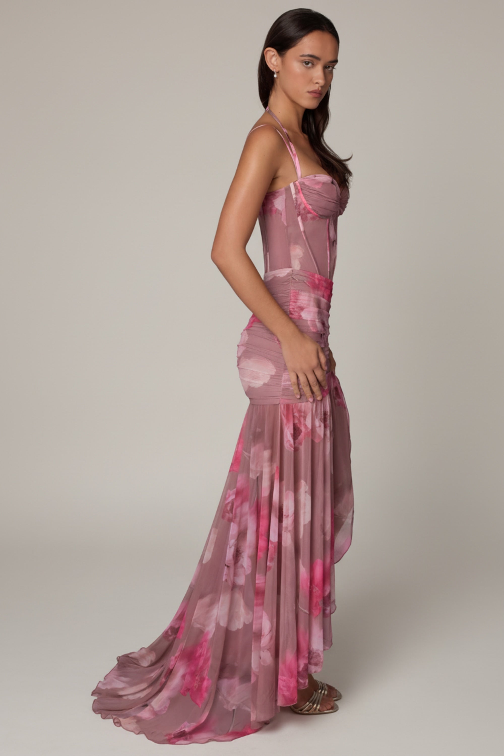 Ruched Asymmetric Corset Gown in Blurred Floral