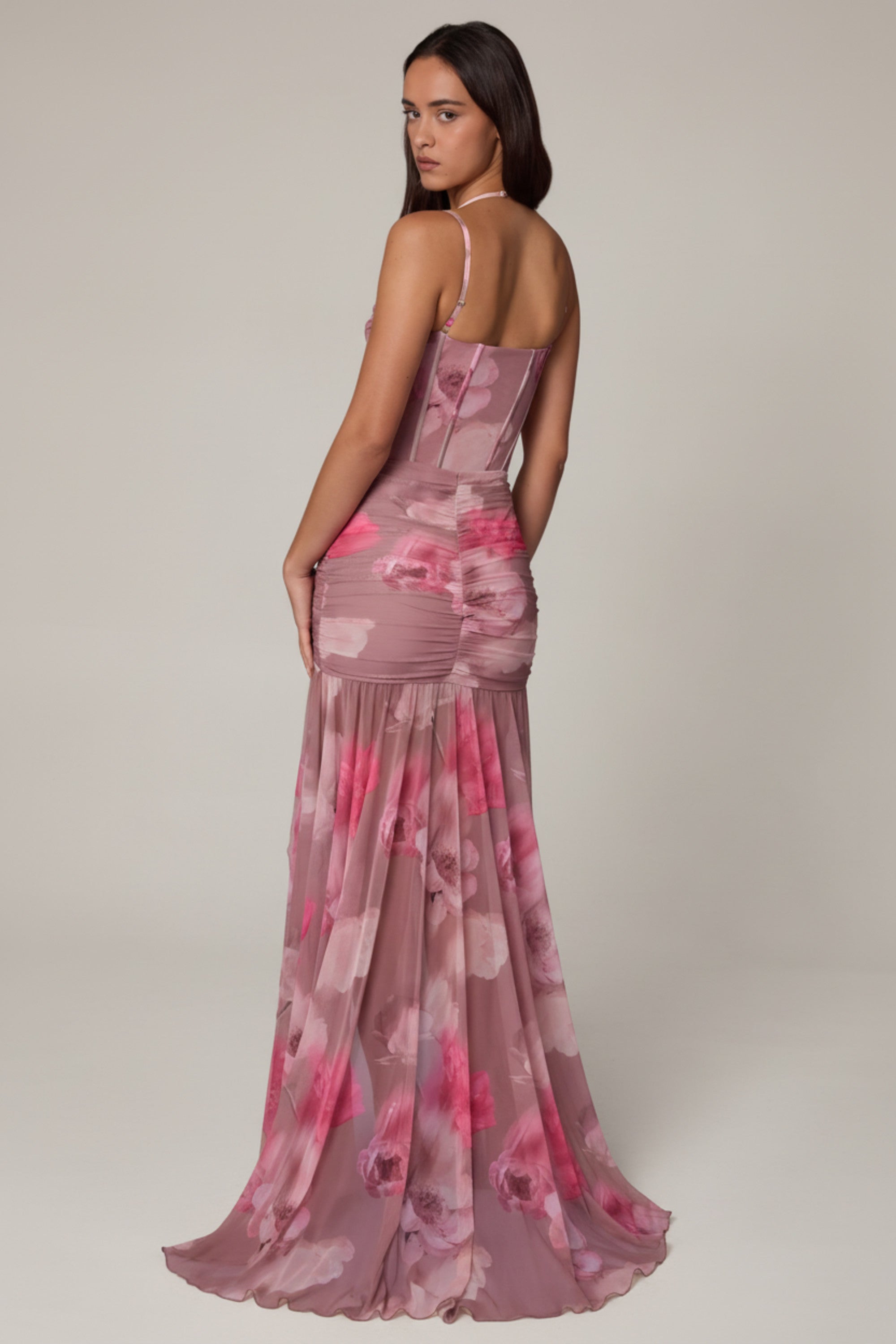 Ruched Asymmetric Corset Gown in Blurred Floral