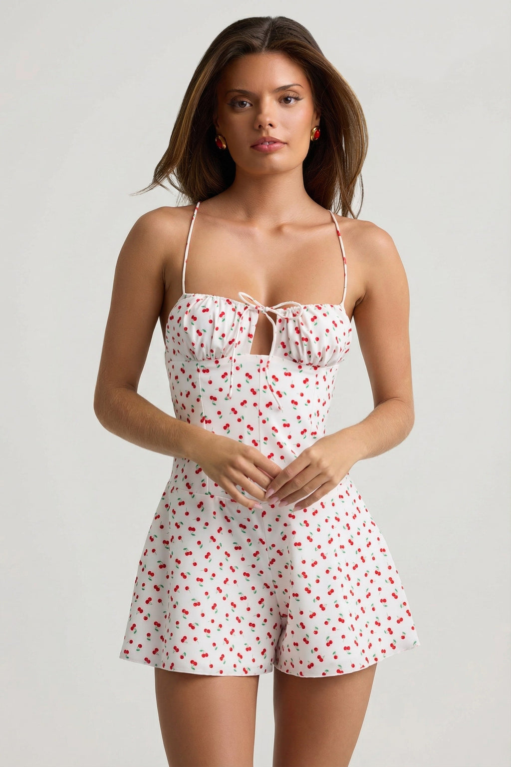 Ruched Backless Playsuit in Cherry Print
