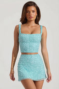 Embellished Low-Rise Mini Skirt in Aqua Blue